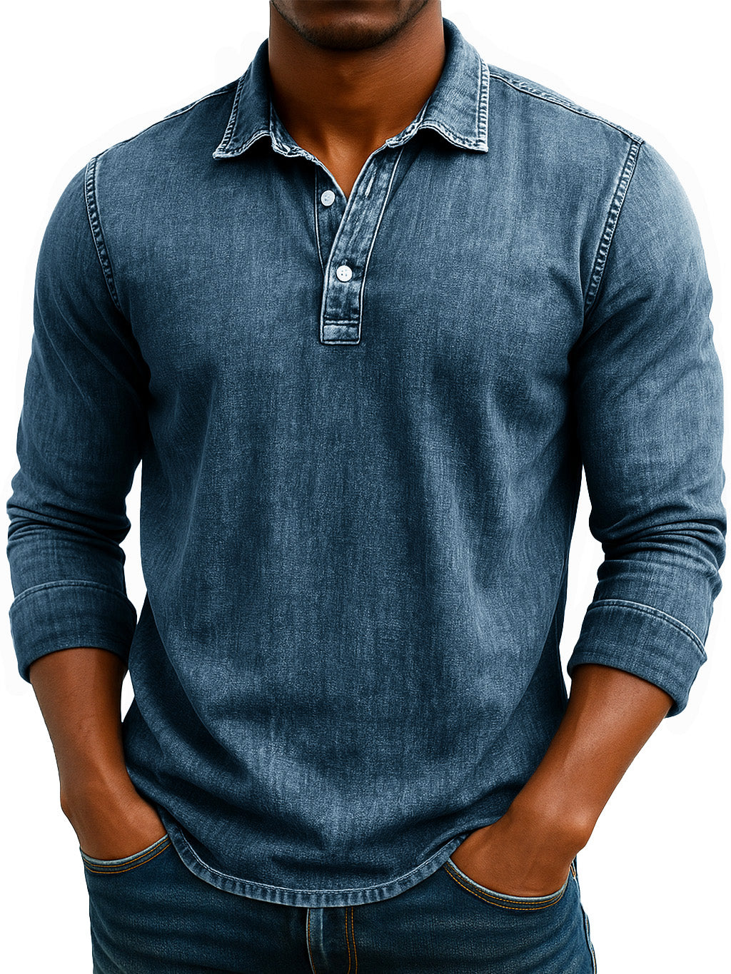 Men's Stylish Retro Washed And Distressed Lapel Long-sleeved Polo Shirt 