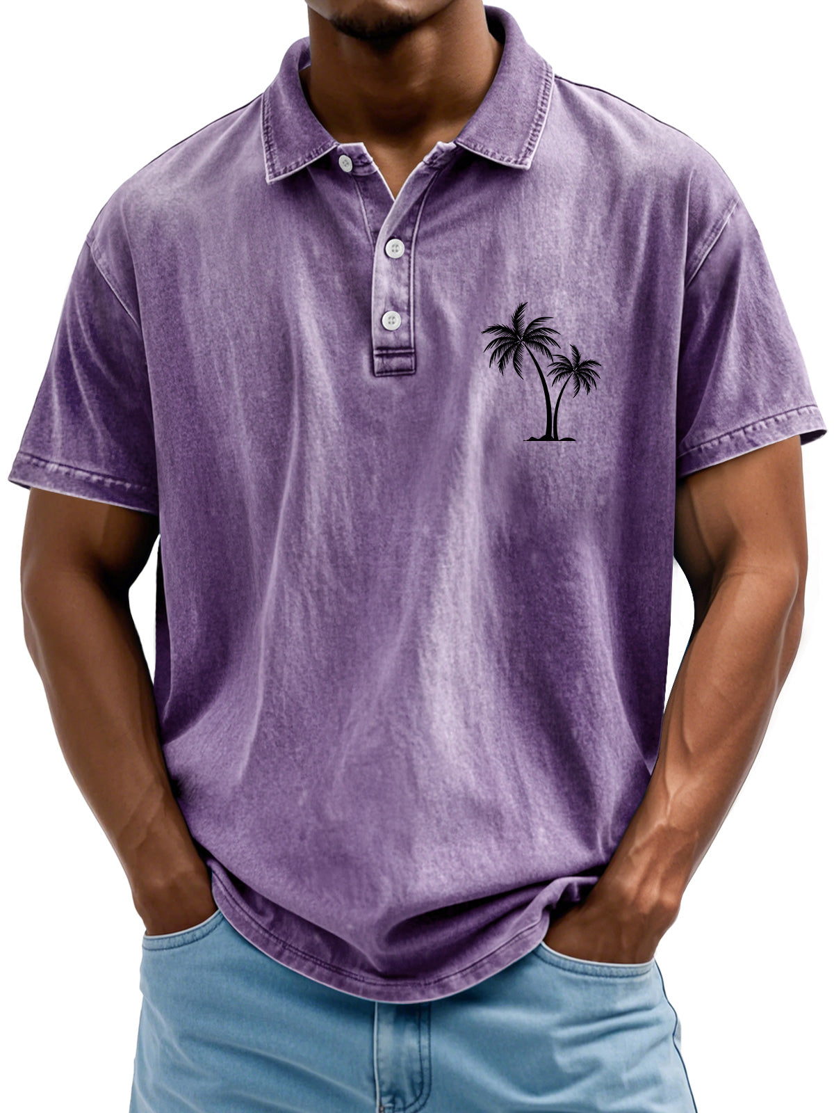 Men's Retro Lapel Coconut Tree Printed Casual Short Sleeve POLO Shirt