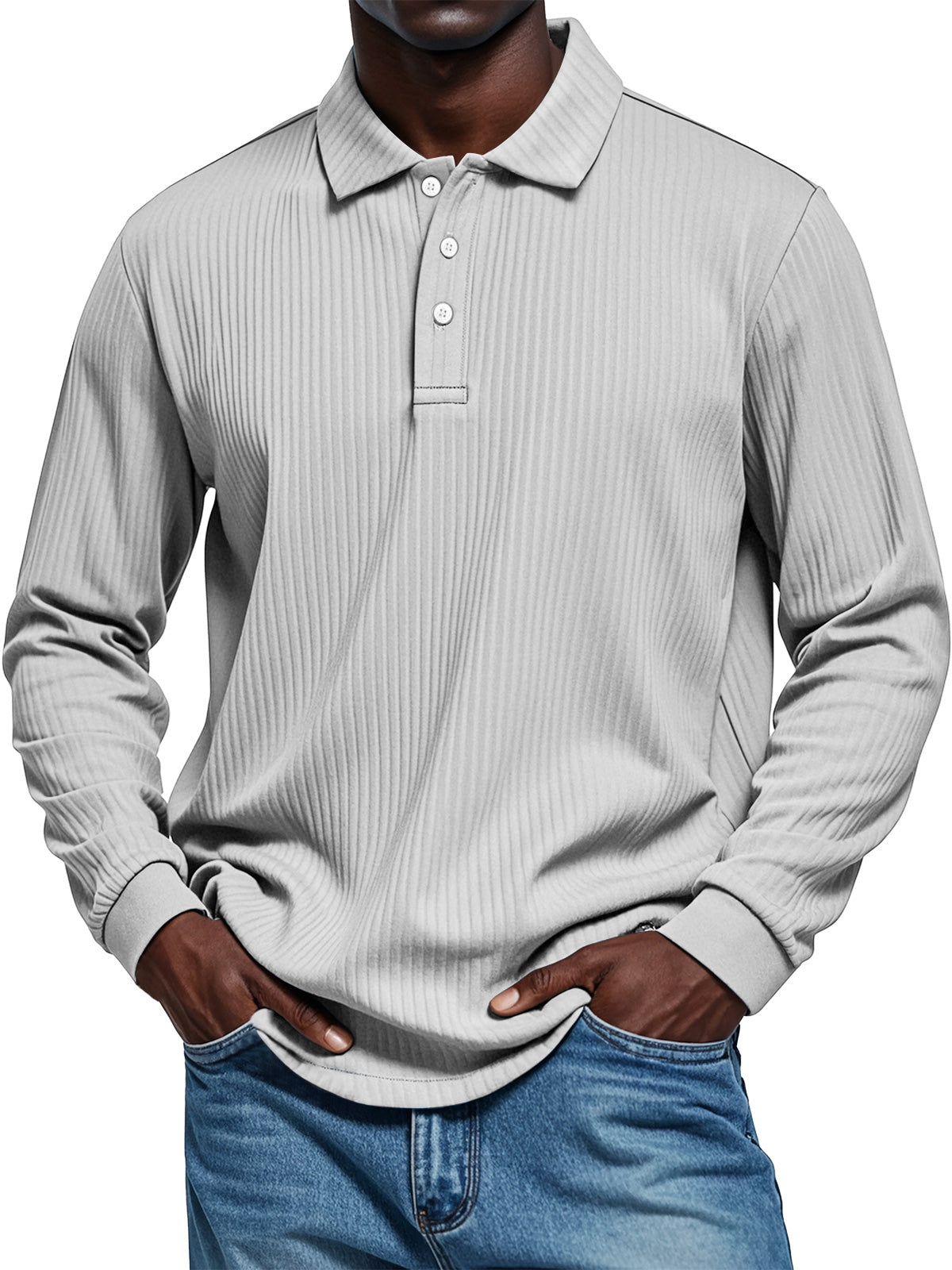 Men's Pit Texture Casual Button Solid Color Long-sleeved Polo Shirt