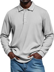 Men's Pit Texture Casual Button Solid Color Long-sleeved Polo Shirt