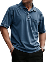 Men's Stylish Retro Pure Cotton Distressed Fabric Pocket Lapel Polo Shirt 