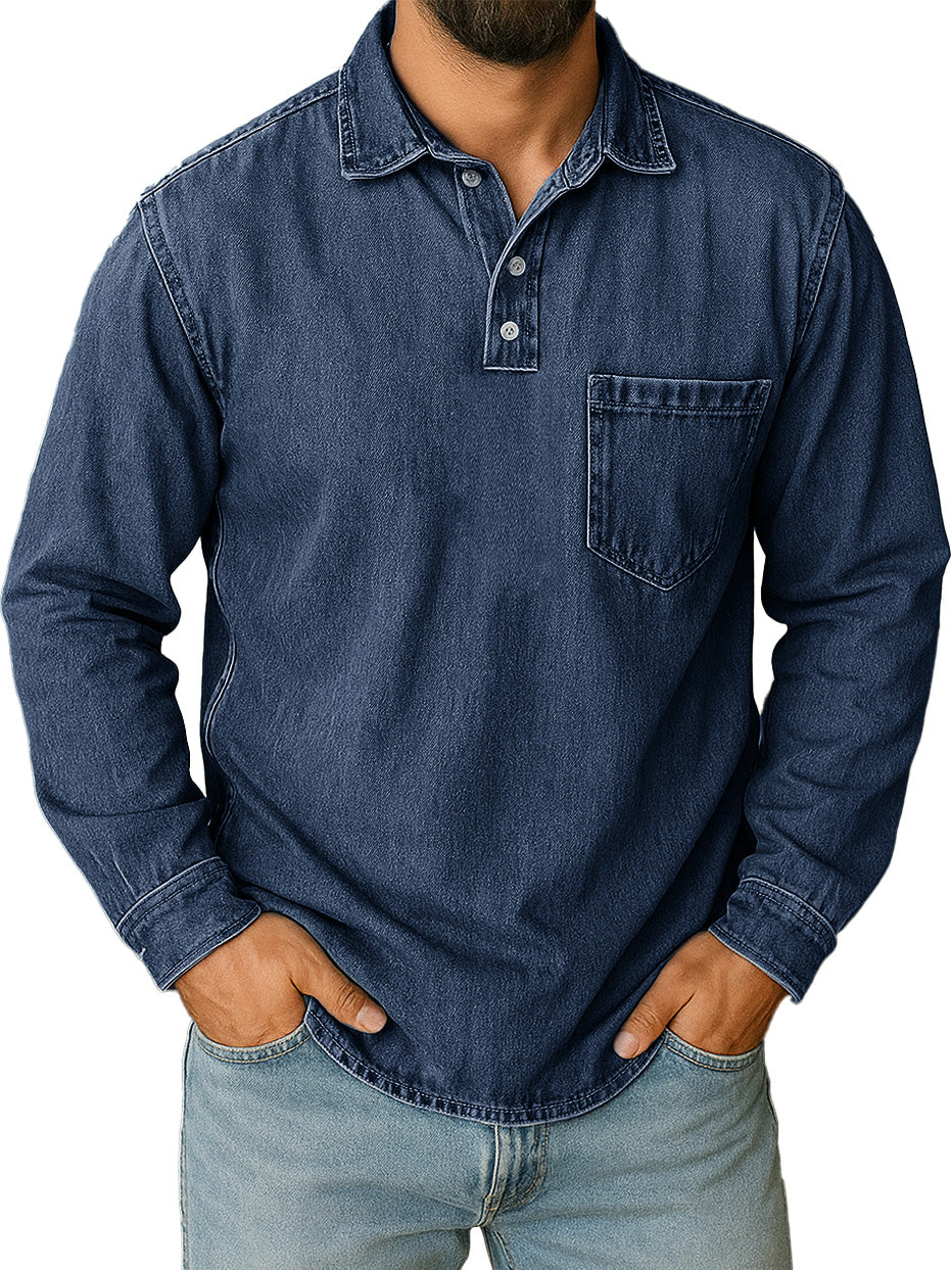Men's Stylish Vintage Distressed Pocket Lapel Long-sleeved Polo Shirt 