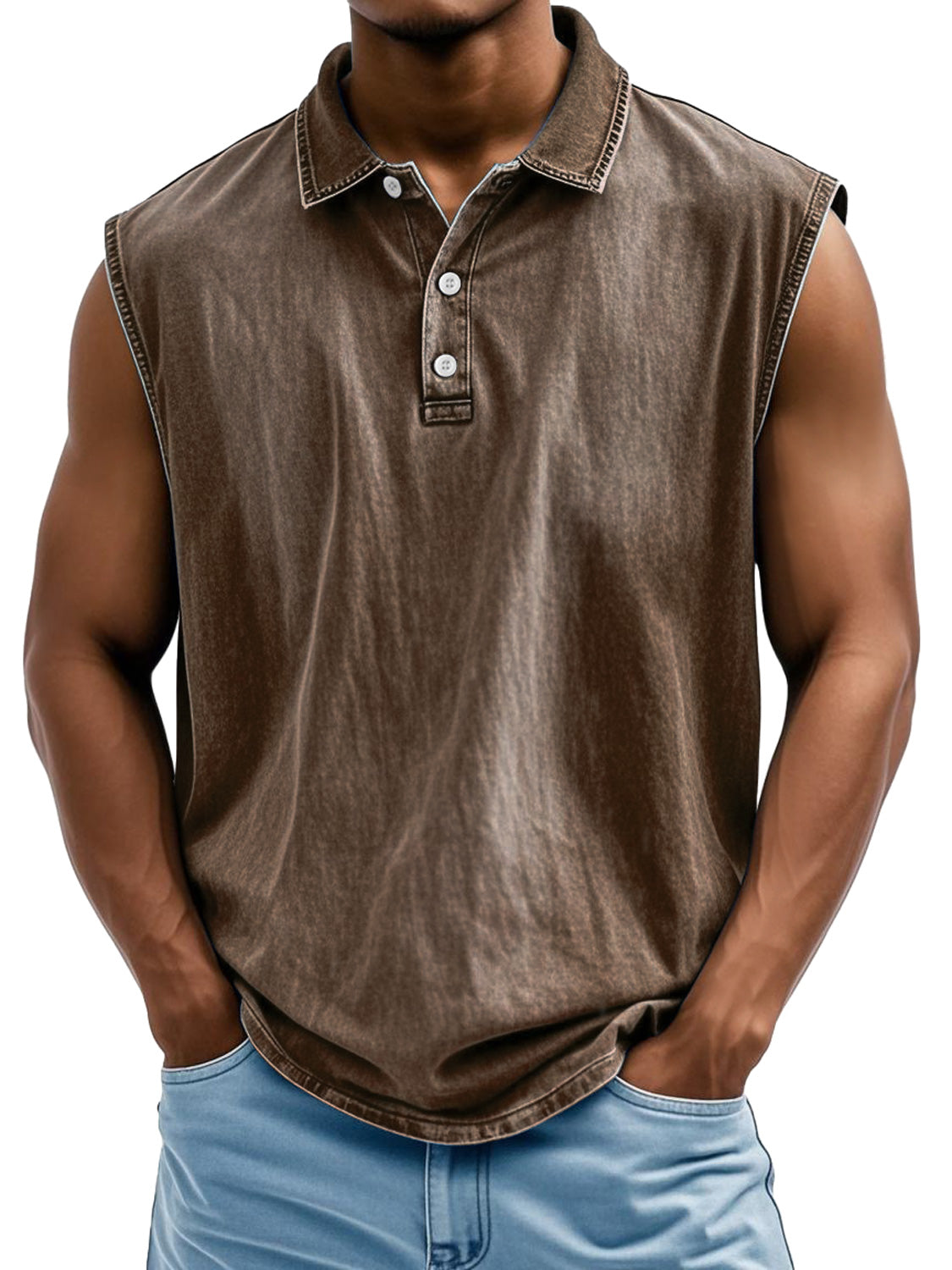 Men's Retro Casual Lapel Button Solid Color Loose Sleeveless POLO Shirt