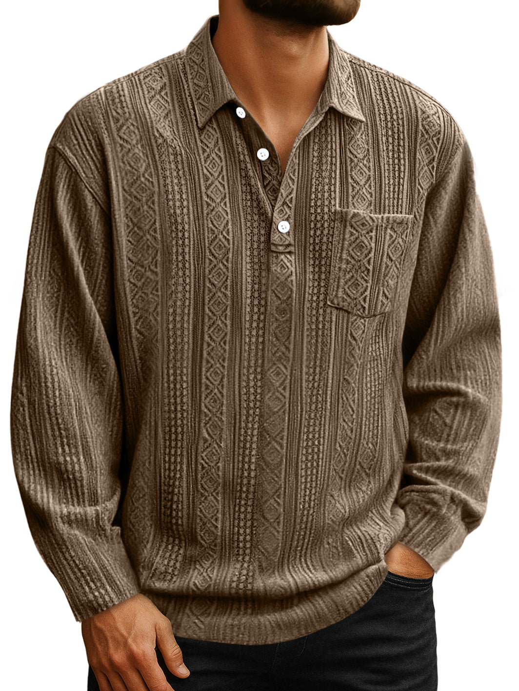 Men's Daily Jacquard Texture Lapel Button Casual Long-sleeved Polo Shirt