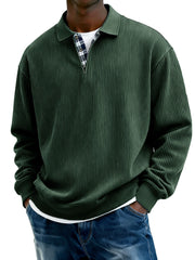 Men's Stylish Everyday Plaid Placket Patchwork Ribbed Fabric Long-sleeved Polo Shirt