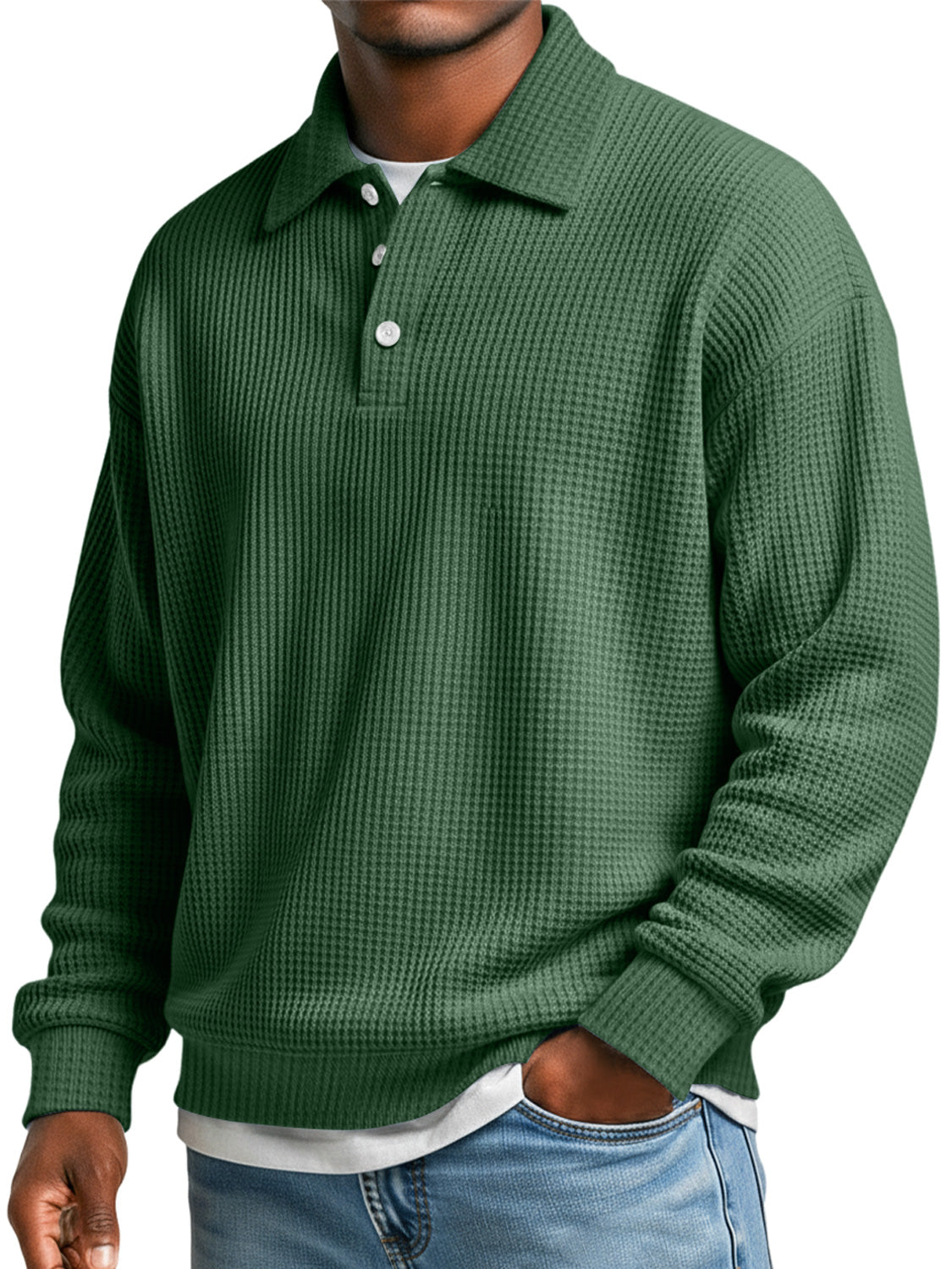Men's Waffle Simple Lapel Button Casual Loose Polo Shirt