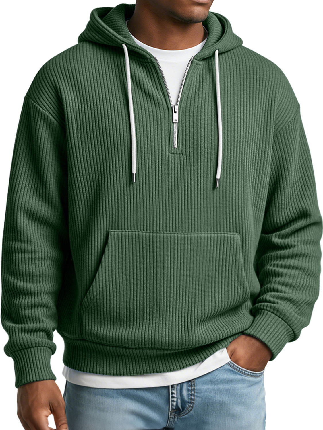 Men's Simple Ribbed Textured Hooded Zippered Casual Loose Sweatshirt