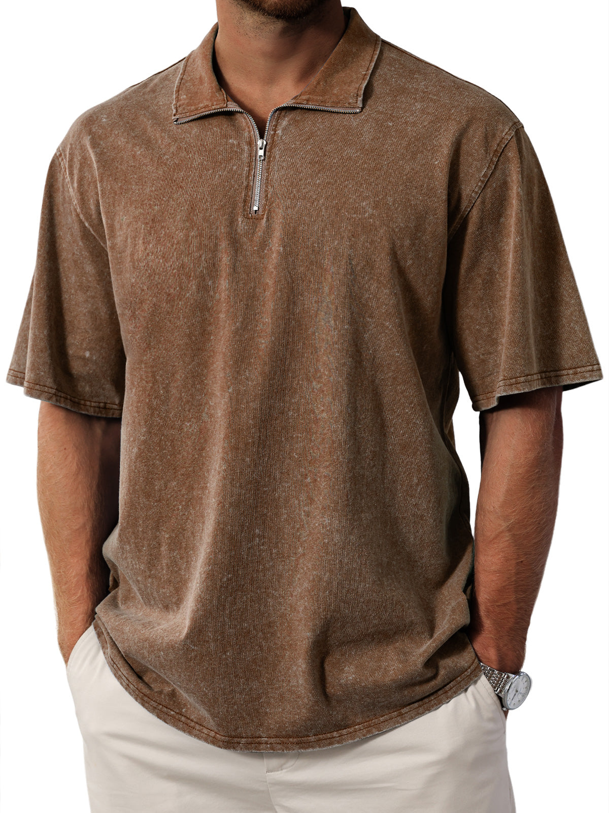 Men's Retro  Stand Collar Zipper Solid Color Short Sleeve T-Shirt