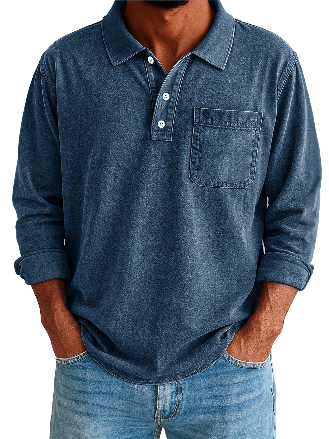 Men's Stylish Vintage Washed And Distressed Lapel Long-sleeved Polo Shirt With Pockets 