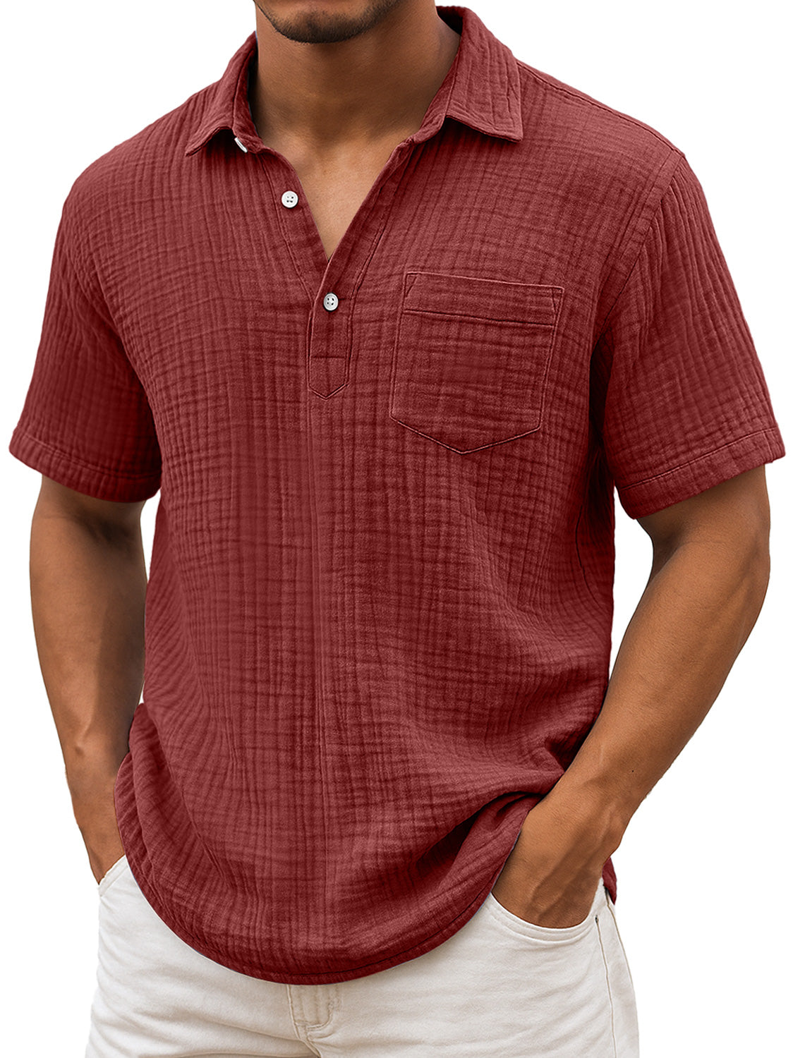 Men's Daily Pleated Texture Lapel Casual Pocket Comfortable Short Sleeve POLO Shirt