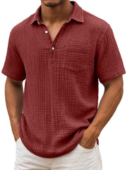 Men's Daily Pleated Texture Lapel Casual Pocket Comfortable Short Sleeve POLO Shirt