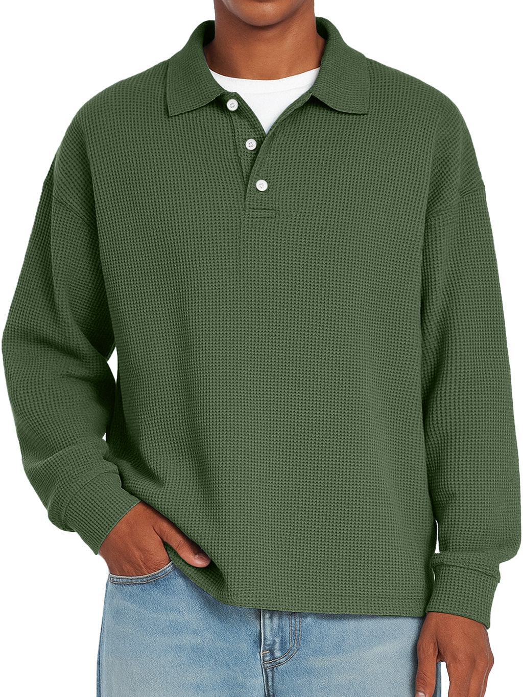 Men's Daily Waffle Casual Lapel Button Loose Long Sleeve Polo Shirt