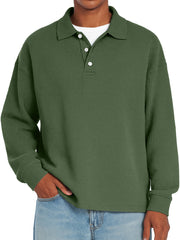 Men's Daily Waffle Casual Lapel Button Loose Long Sleeve Polo Shirt