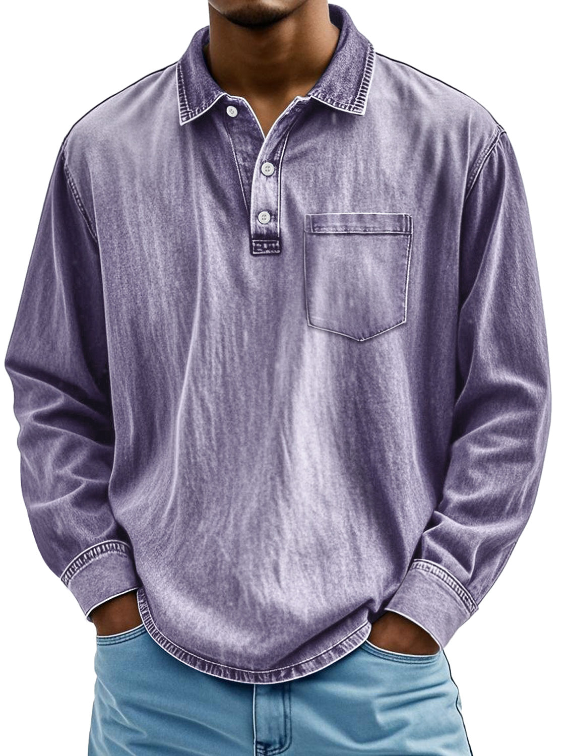 Men's Retro Lapel Button Casual Pocket Comfortable Long Sleeve Polo Shirt