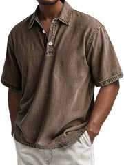Men's Retro Cotton Washed Casual Lapel Short Sleeve POLO Shirt
