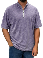 Men's Retro Stand Collar Zipper Casual Short Sleeve T-shirt