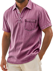 Men's Retro Casual Lapel Pocket Solid Color Short Sleeve Polo Shirt