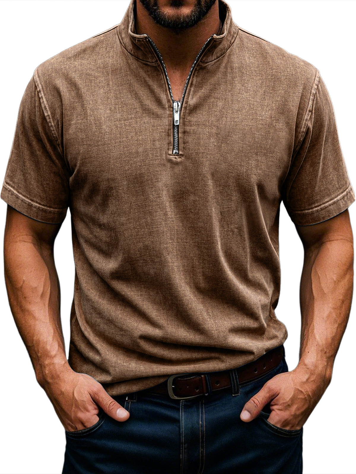 Men's Retro Stand Collar Zipper Casual Solid Color Short Sleeve T-Shirt