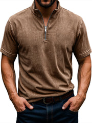 Men's Retro Stand Collar Zipper Casual Solid Color Short Sleeve T-Shirt