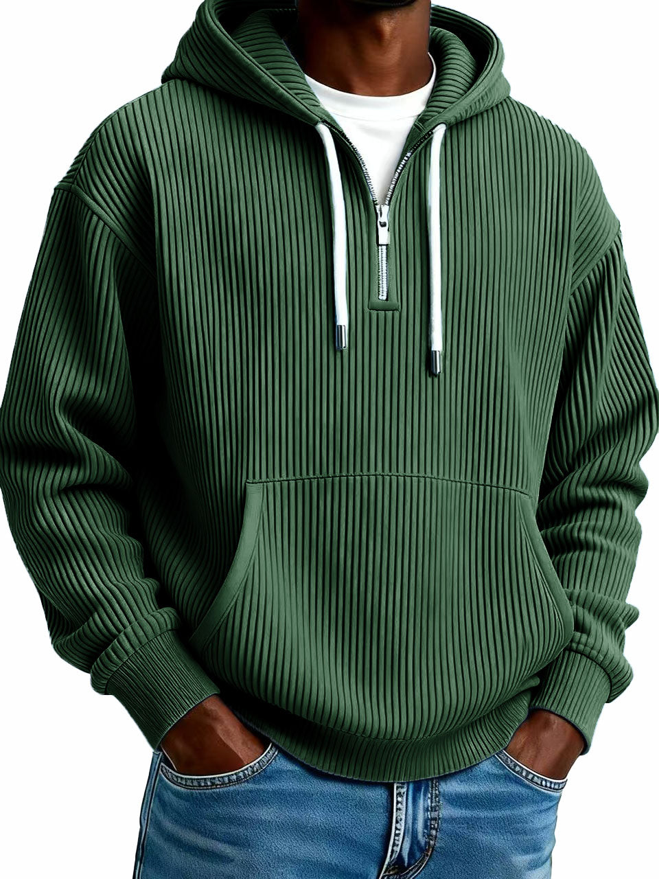 Men's Stylish Casual Ribbed Fabric Half-zip Pocket Hooded Sweatshirt