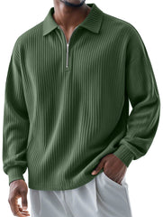 Men's Fashionable Ribbed Lapel Zipper Casual Long-sleeved Polo Shirt