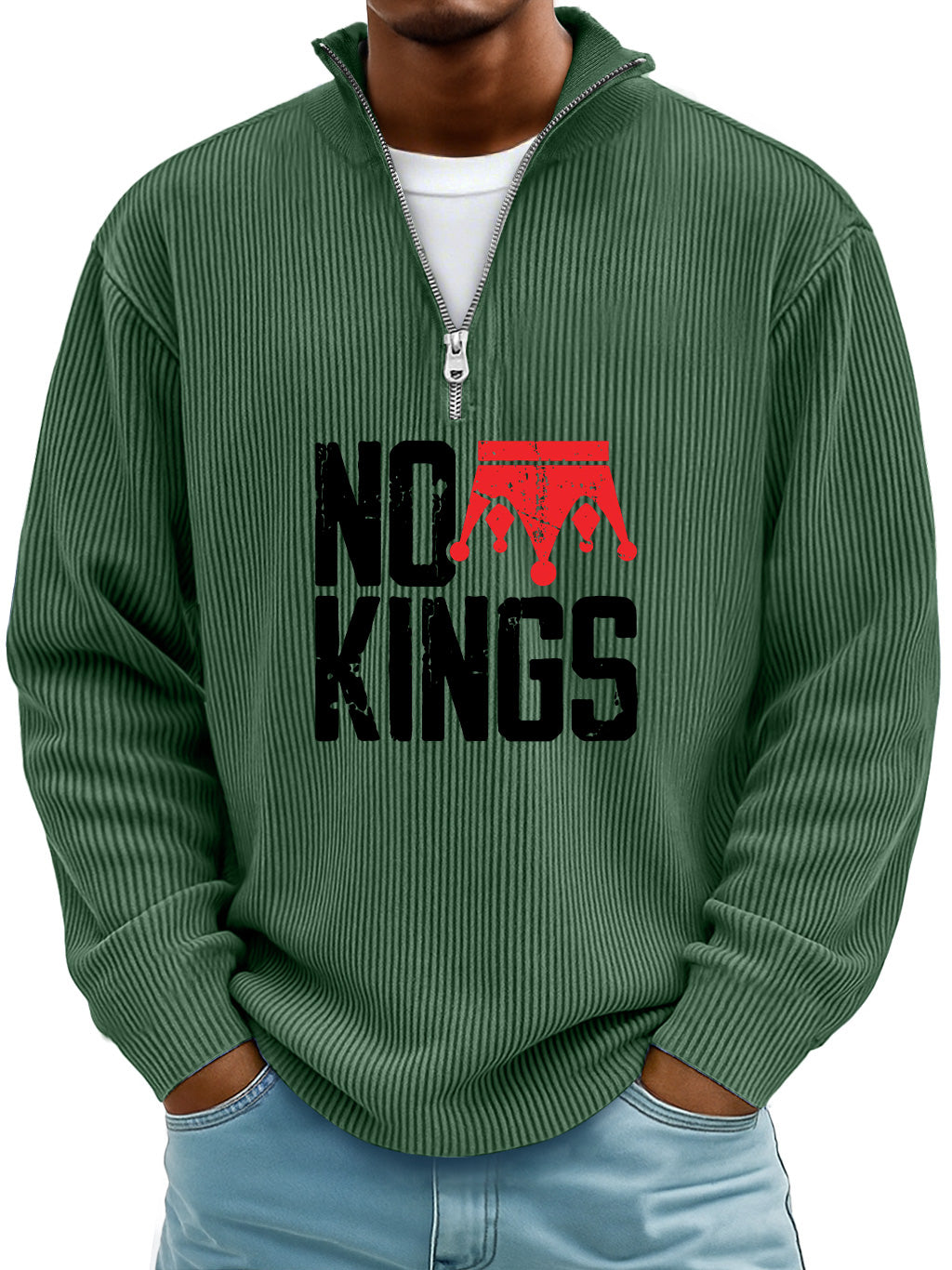 Men's Simple No Kings Ribbed Stand-up Collar Zipper Casual Long-sleeved T-shirt