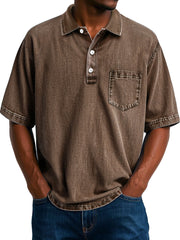 Men's Vintage 100% Cotton Washed Distressed Lapel Pocket Casual Short Sleeve POLO Shirt