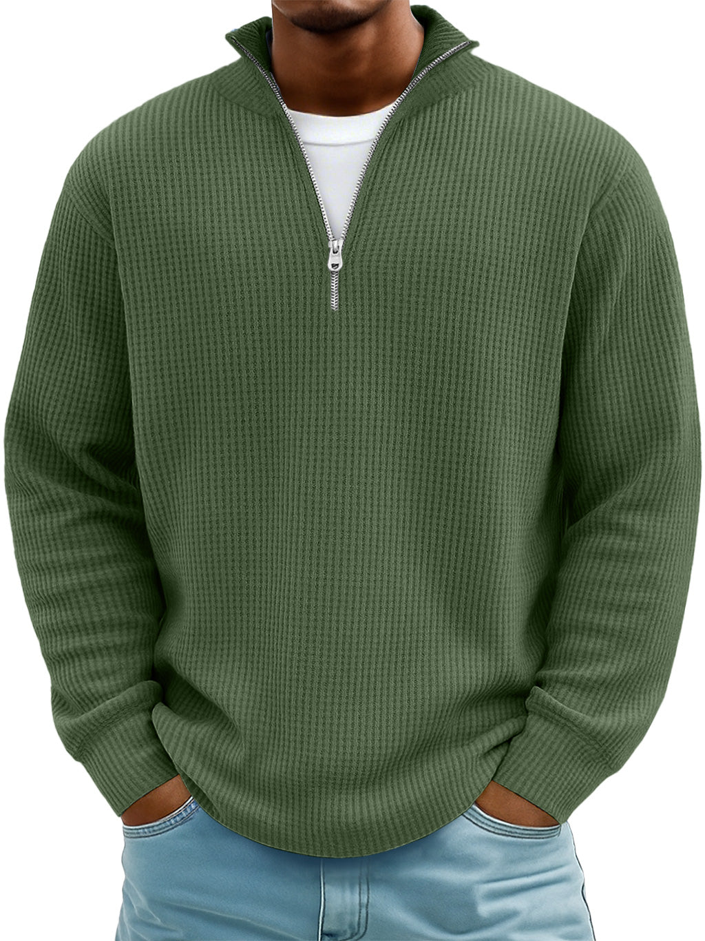 Men's Everyday Waffle Stand Collar Zipper Casual Long Sleeve T-shirt