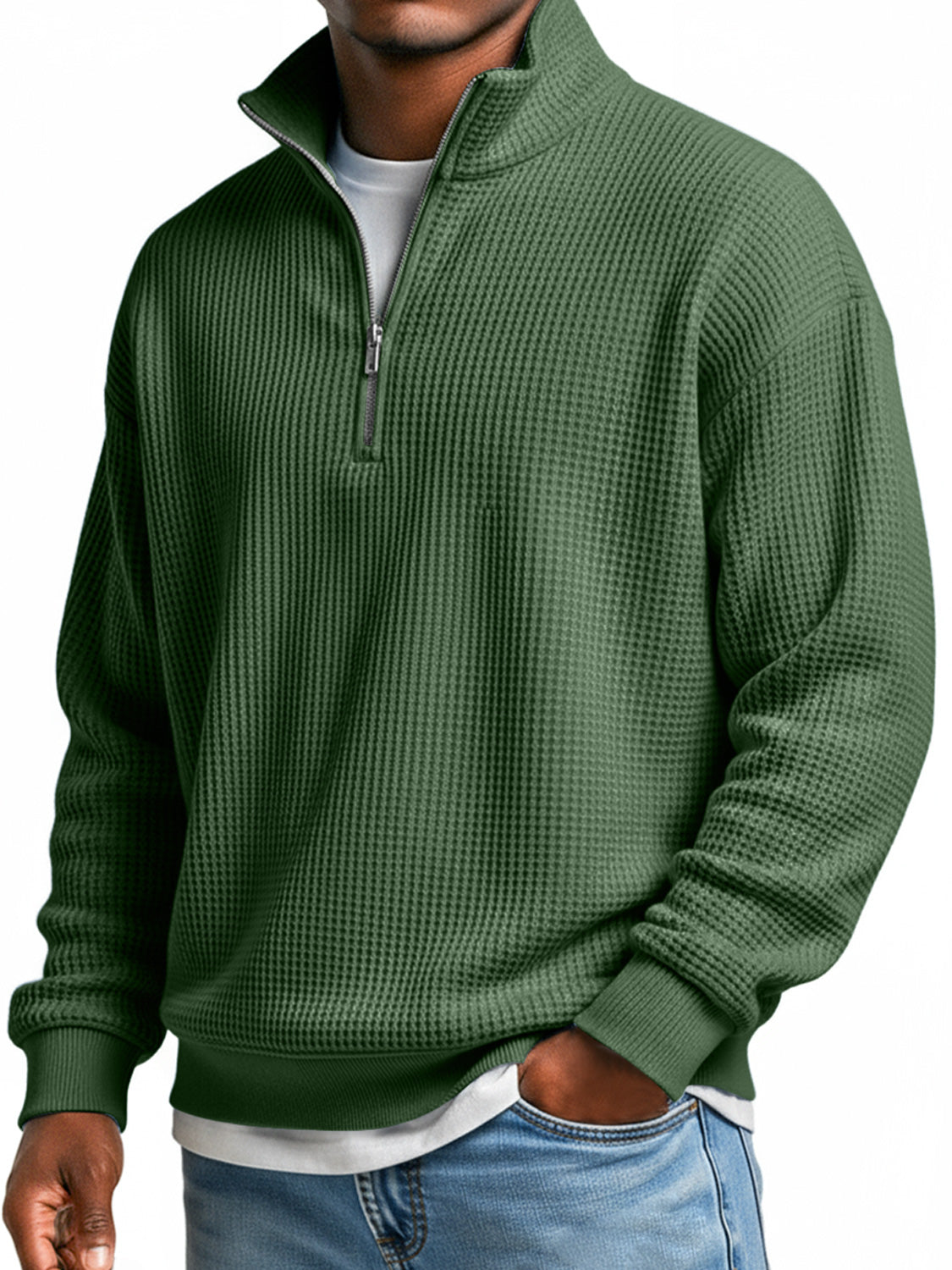 Men's Everyday Waffle Stand Collar Zipper Casual Long Sleeve T-shirt