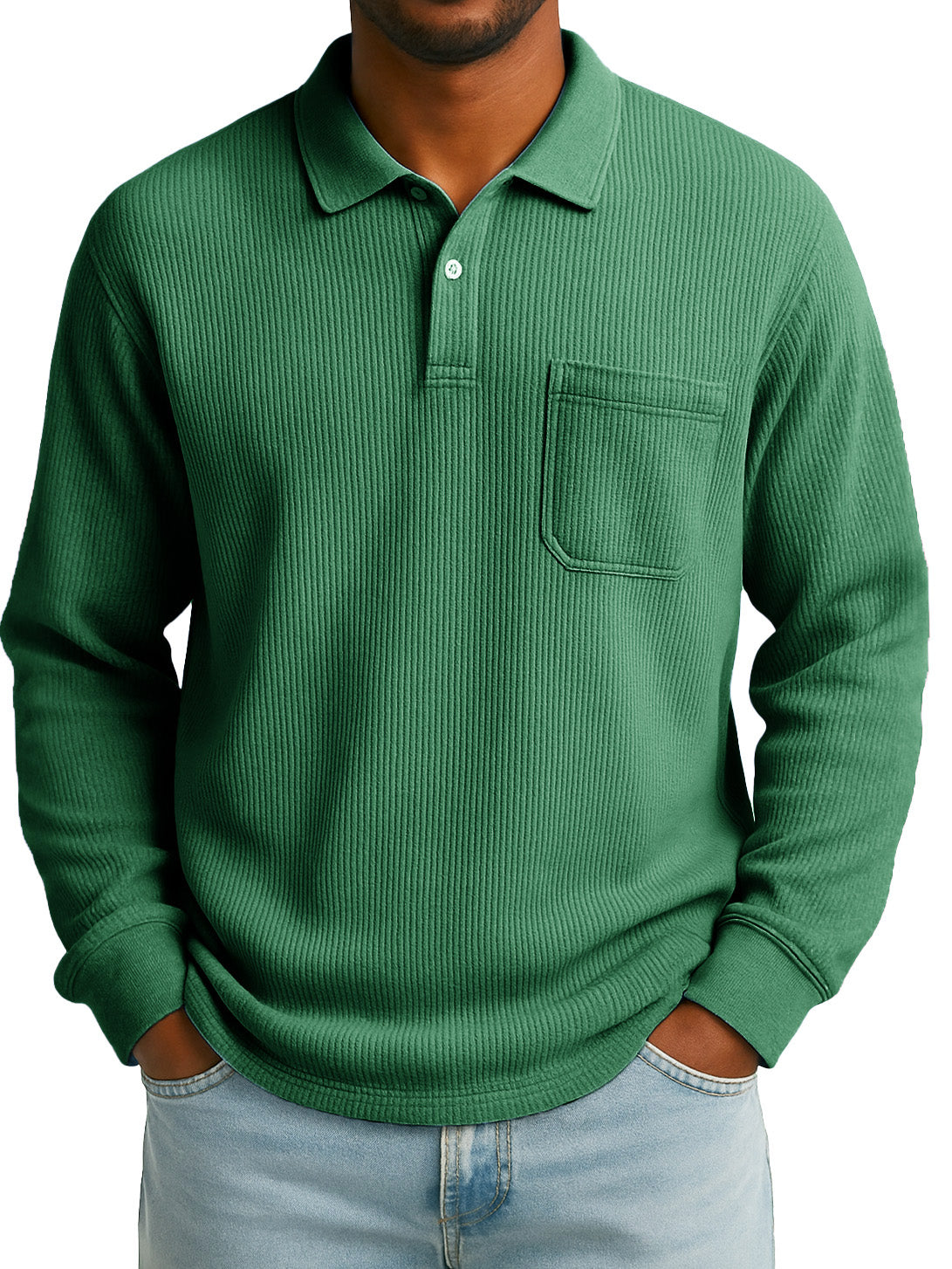 Men's Stylish Everyday Casual Corduroy Fabric Pocket Lapel Long-sleeved Polo Shirt 