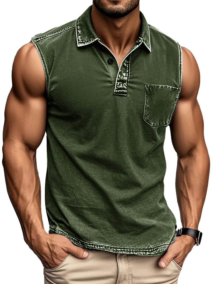 Men's Fashion Daily Distressed Fabric Pocket Sleeveless Polo Shirt 