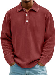Men's Daily Casual Ribbed Lapel Button-down Loose Long-sleeved Polo Shirt
