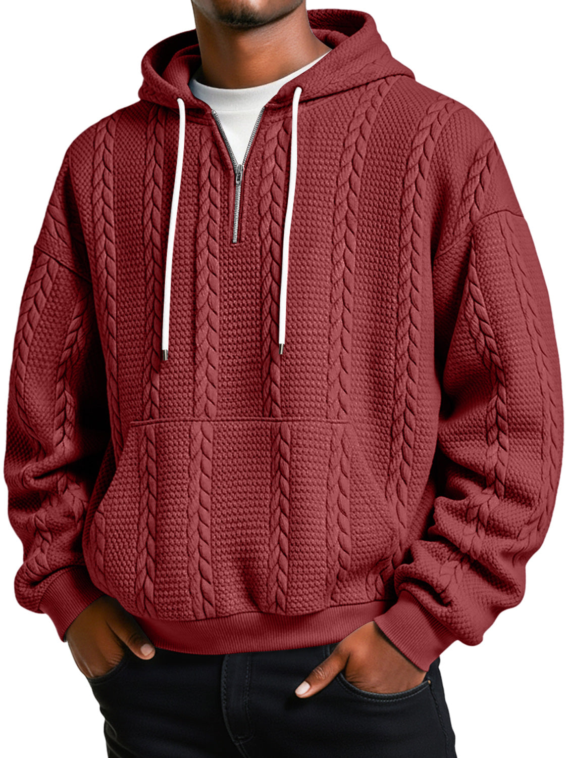 Men's Jacquard Texture Casual Zipper Hooded Loose Sweatshirt