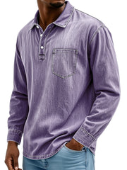 Men's Vintage Cotton Washed Lapel Button Casual Long Sleeve Polo Shirt