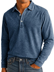 Men's Stylish Vintage Washed And Distressed Lapel Long-sleeved Polo Shirt 
