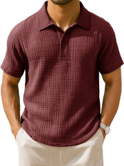  Men's Clothing Fashionable Casual Jacquard Pleated Fabric Lapel Short-sleeved Loose Polo Shirt 
