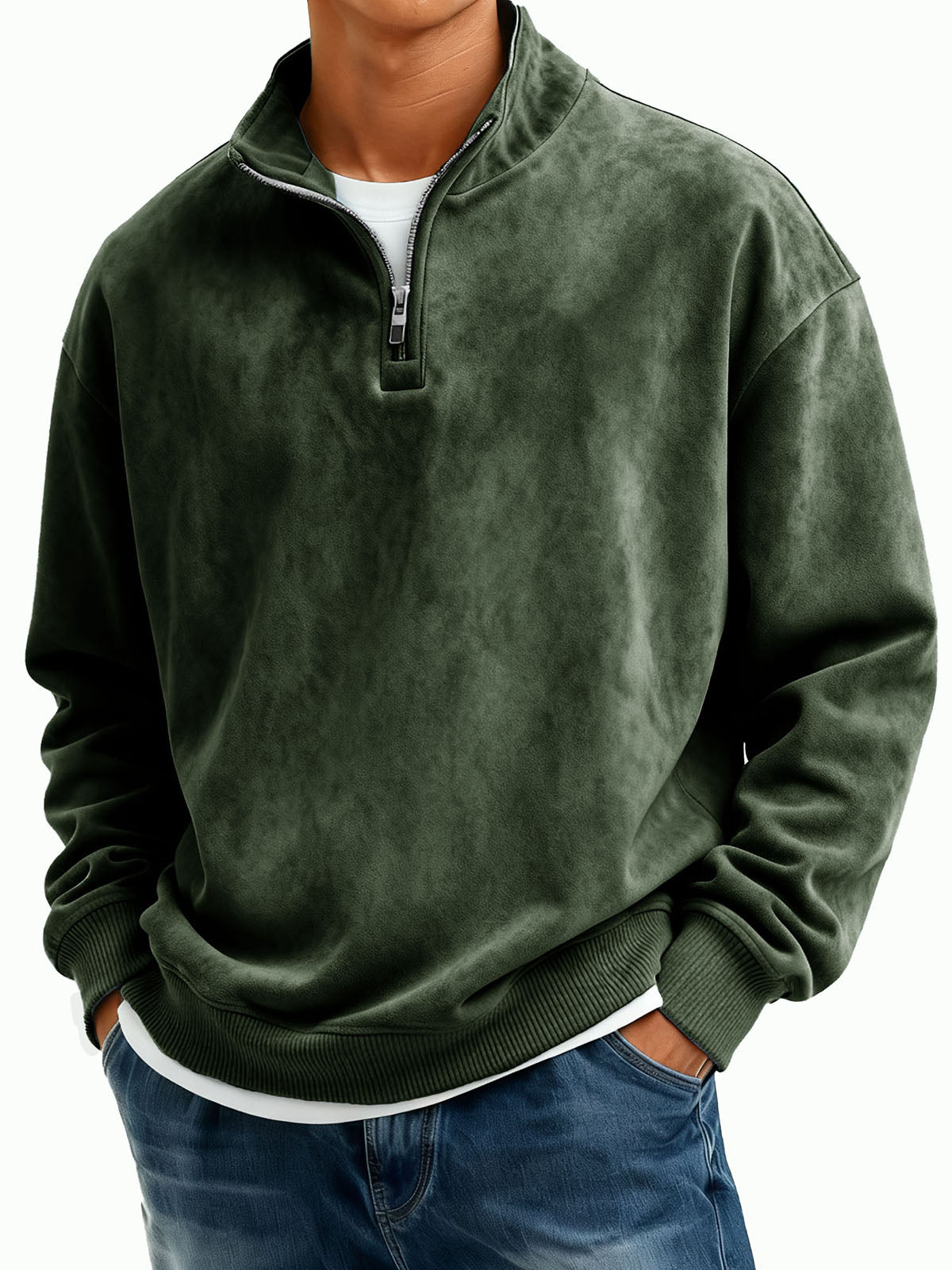 Men's Casual Suede Fabric Stand-neck Half-zipper Long-sleeved Hoodie