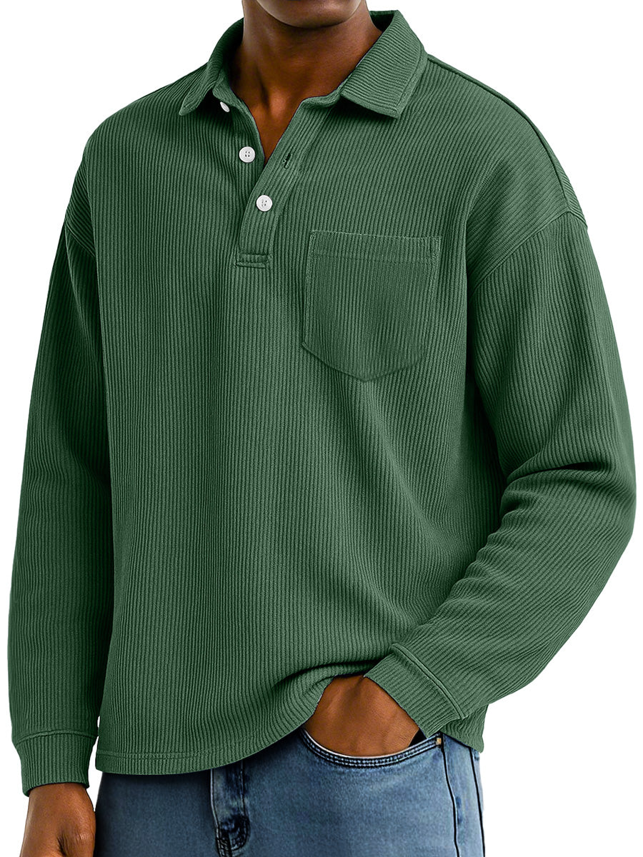 Men's Daily Ribbed Lapel Button-down Casual Pocket Polo Shirt