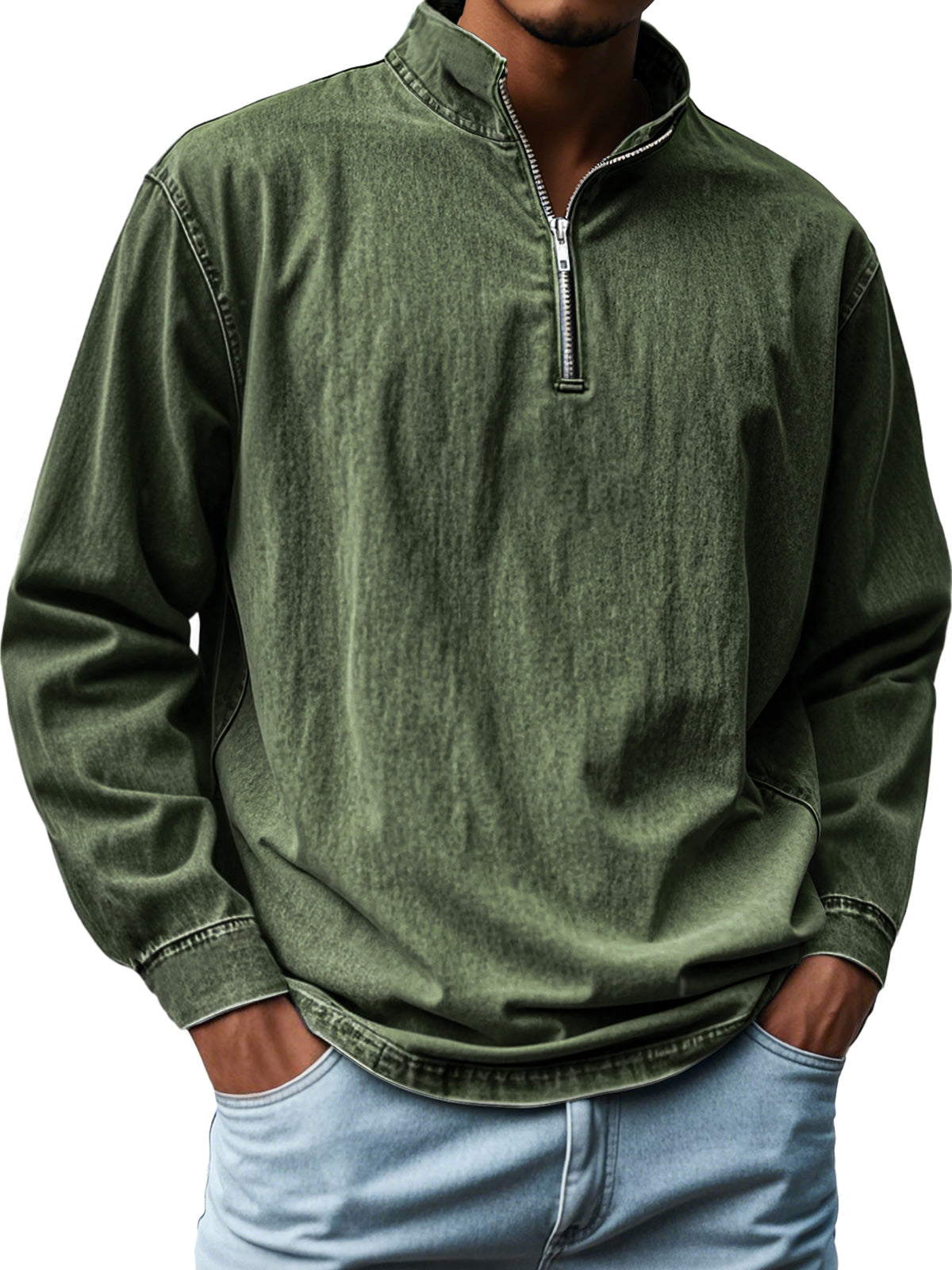 Men's Vintage Distressed Stand-up Collar Zipper Casual Long-sleeved T-shirt