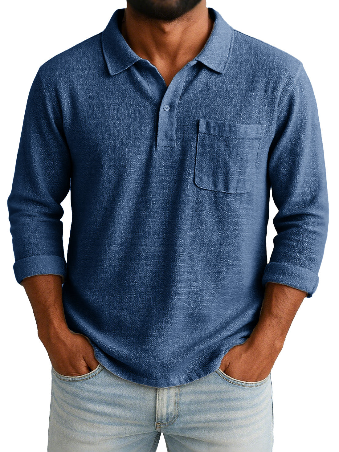 Men's Retro-chic Ramie Fabric Long-sleeved Polo Shirt With Loose-fitting Drawstring Waist And Embroidered Logo 