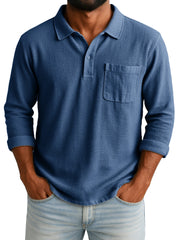 Men's Retro-chic Ramie Fabric Long-sleeved Polo Shirt With Loose-fitting Drawstring Waist And Embroidered Logo 