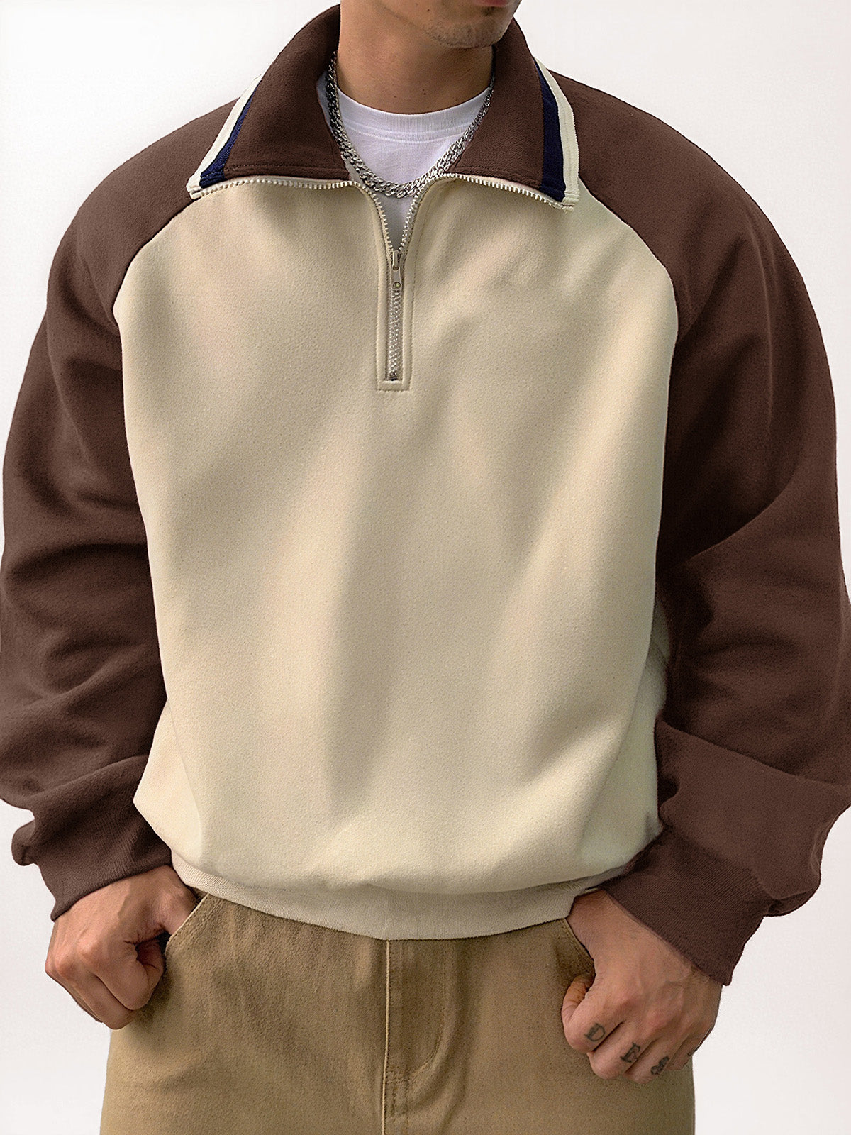 Men's Stylish Retro Patchwork Zippered Loose-fitting Long-sleeved Sweatshirt 