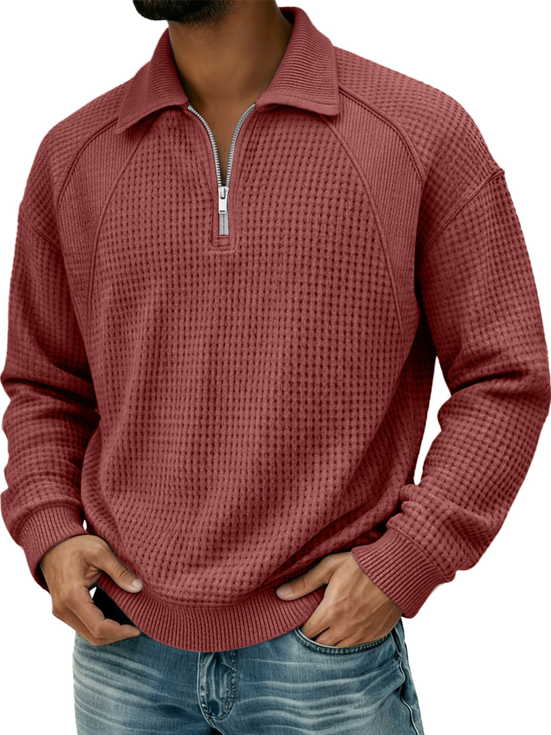 Men's Waffle Lapel Zipper Design Split Stitching Polo Shirt