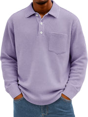 Men's Everyday Waffle Lapel Button Casual Pocket Long Sleeve Polo Shirt