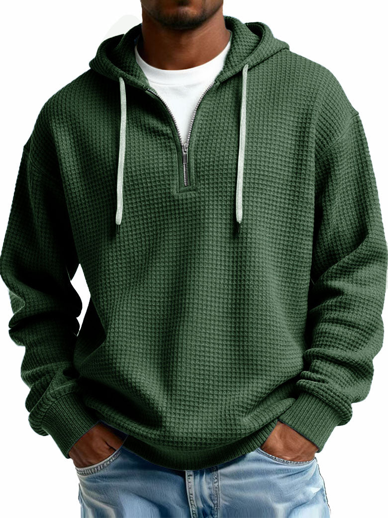 Men's Stylish Casual Waffle Fabric Half-zip Hooded Sweatshirt 