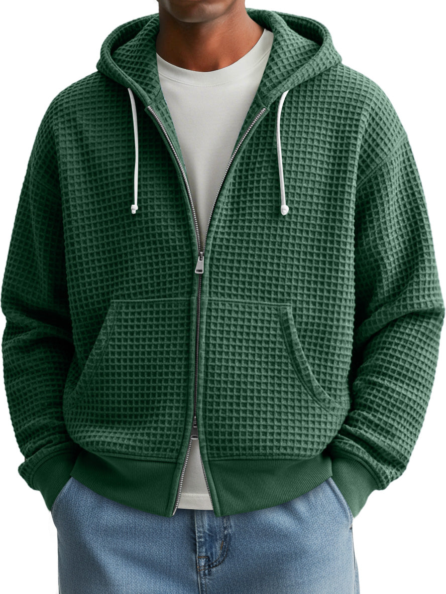 Men's Fashion Waffle Texture Casual Loose Hooded Zipper Jacket