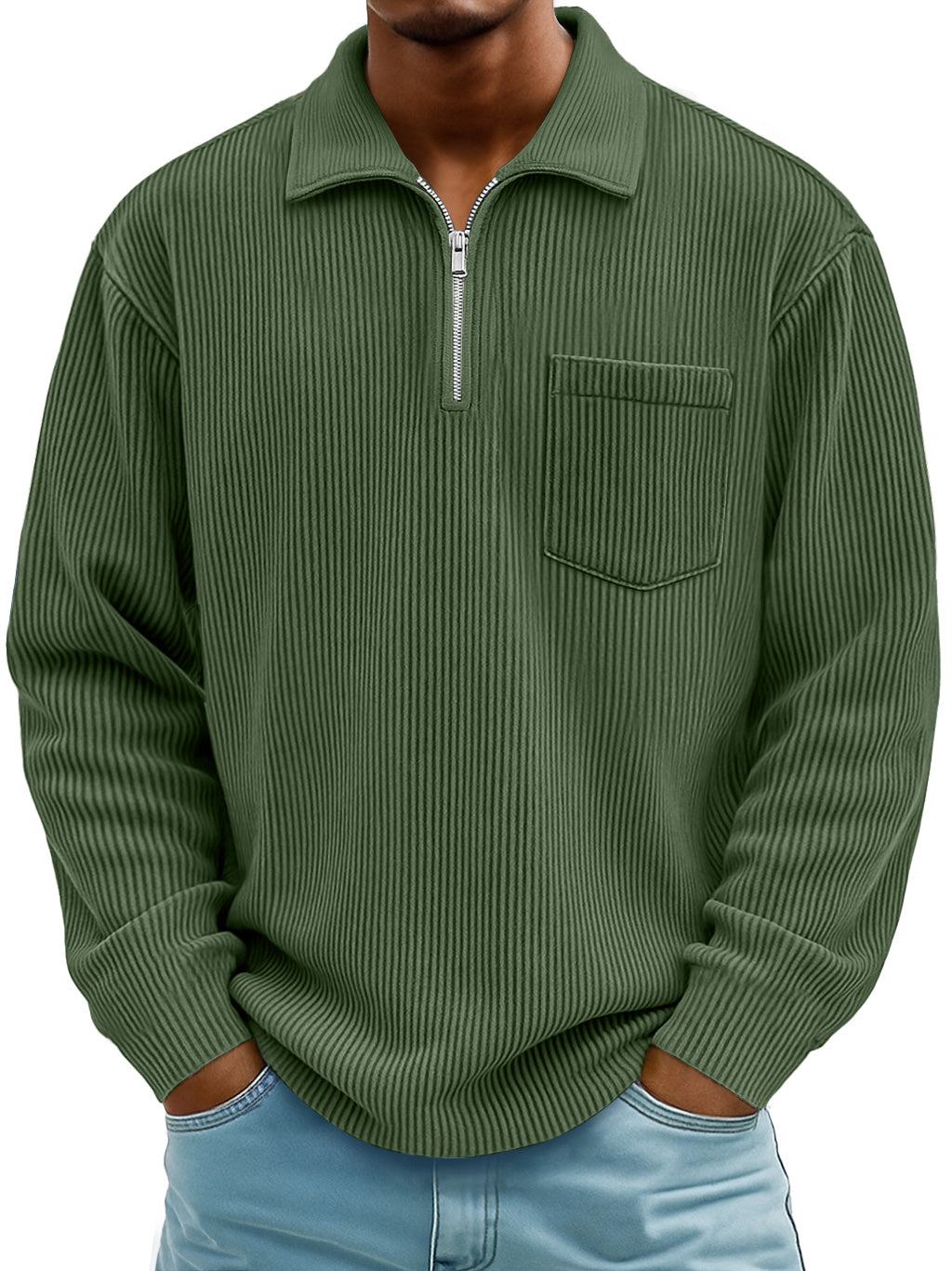 Men's Daily Casual Ribbed Lapel Manhattan Loose Long-sleeved Polo Shirt