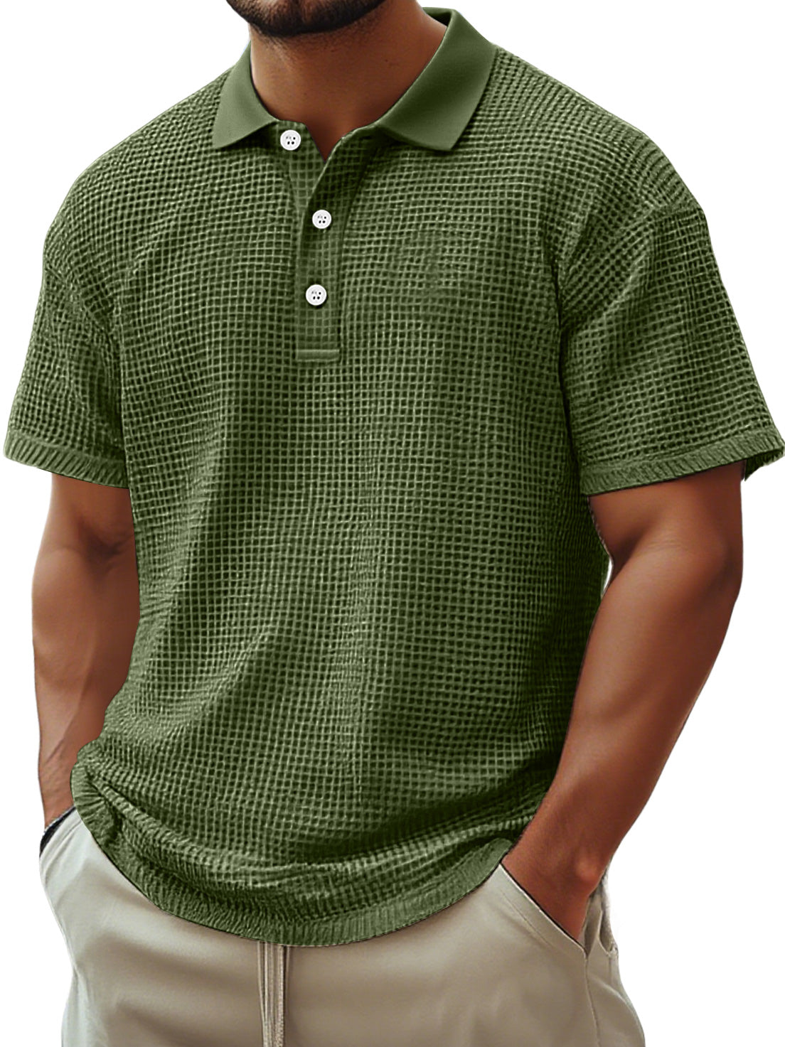 Men's Everyday Waffle Casual Lapel Button Down Comfortable Short-sleeved Polo Shirt