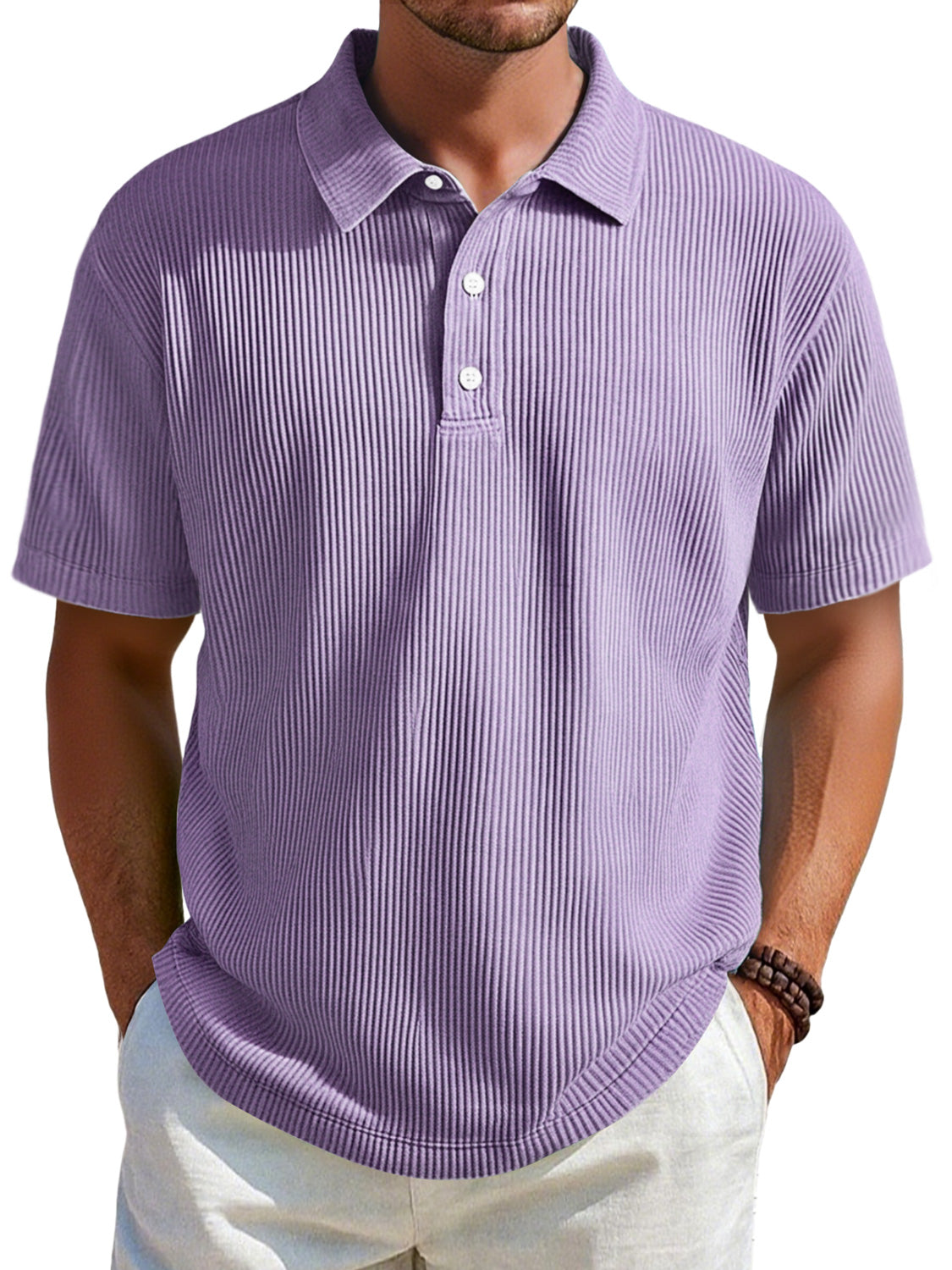 Men's Daily Ribbed Lapel Button Casual Solid Color Short-sleeved Polo Shirt