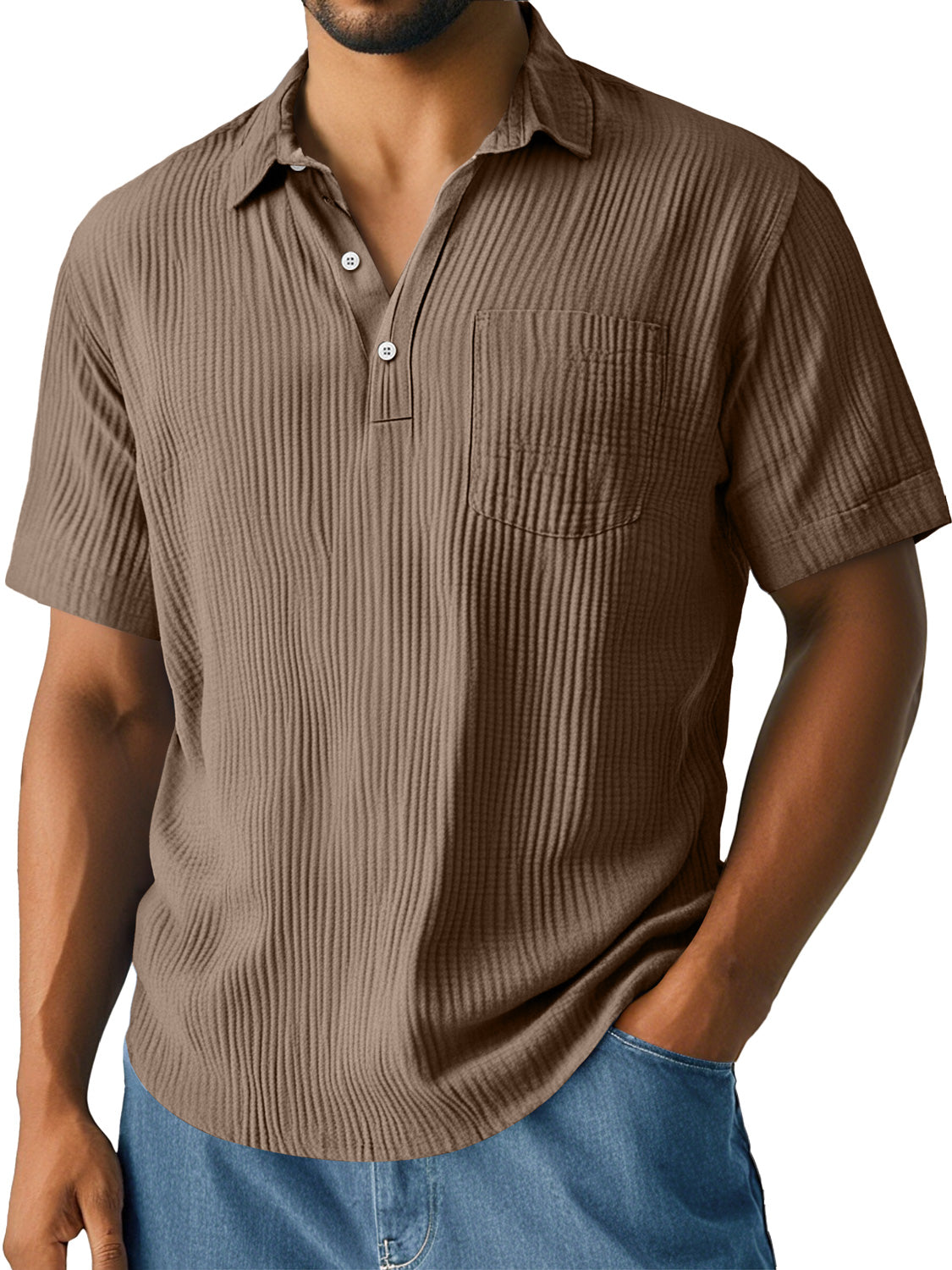 Men's Daily Pleated Texture Lapel Pocket Casual Short-sleeved Polo Shirt